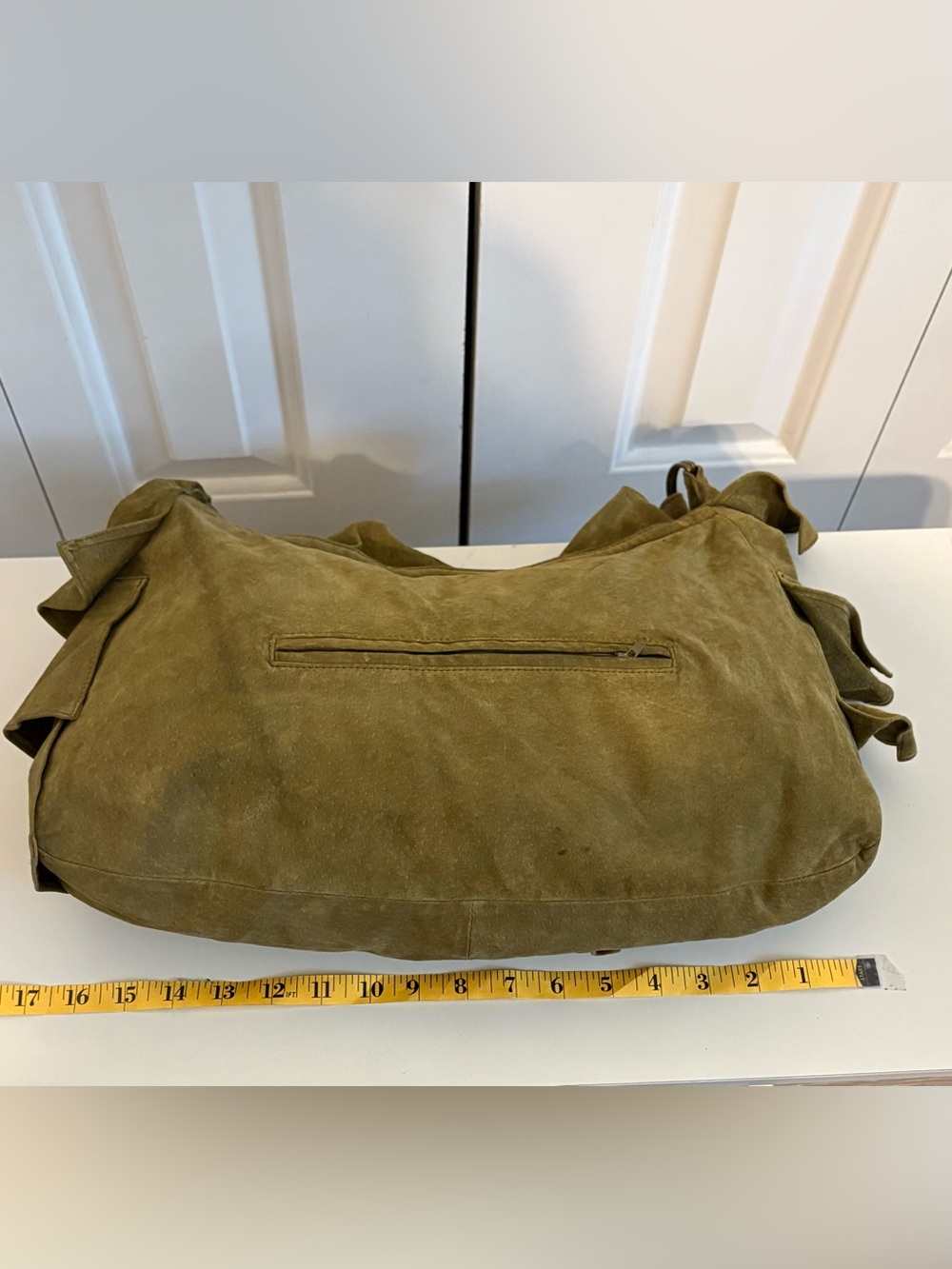 Vintage LIZDEN Olive Green Ruffled Suede Crossbody Shoulder Bag - Picture 3 of 6